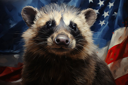 Raccoon on the background of the American flag. The concept of independence day.の素材