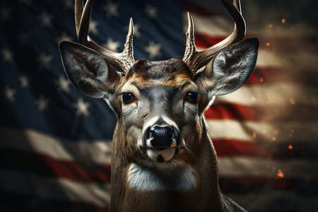 Close up portrait of a whitetail deer on the background of the American flagの素材