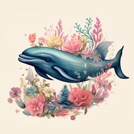 Watercolor illustration of a whale in the sea with flowers and plantsの素材