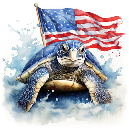 Watercolor illustration of a sea turtle on the background of the American flag.の素材