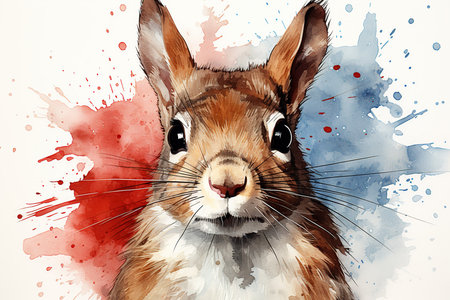 Watercolor portrait of a rabbit on a white background with splashesの素材