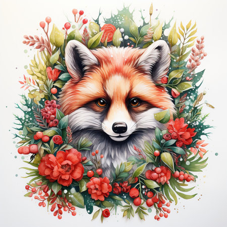 Watercolor portrait of a red fox in a floral wreath.の素材