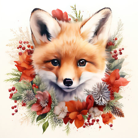 Cute fox in a wreath of flowers. Vector illustration.の素材