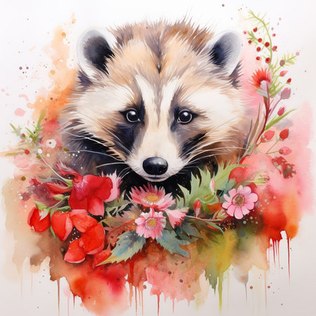 Watercolor portrait of a raccoon with flowers. Vector illustration.の素材