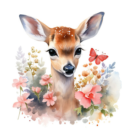 Watercolor portrait of a young deer with flowers, isolated on white backgroundの素材
