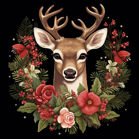 Christmas greeting card with cute deer and floral wreath. Vector illustration.の素材