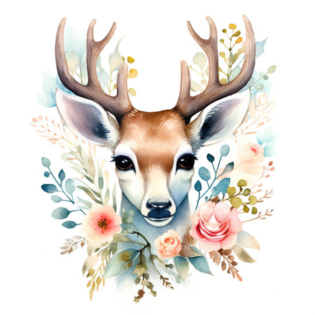 Watercolor deer with flowers. Hand drawn illustration isolated on white backgroundの素材