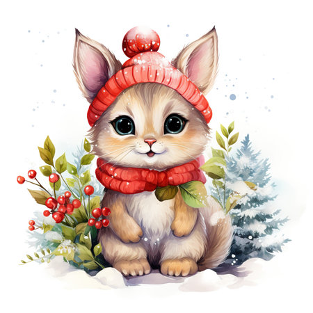 Cute little rabbit in winter hat and scarf. Watercolor illustration.の素材