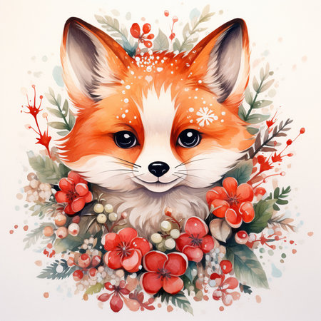Cute fox with floral wreath on white background. Vector illustration.の素材
