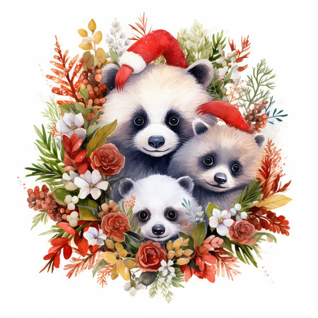 Panda bear family in christmas wreath isolated on white backgroundの素材