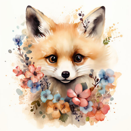Watercolor portrait of a cute fox with flowers on a white backgroundの素材