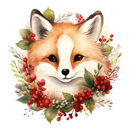 Cute fox with autumn wreath. Watercolor illustration on white background.の素材
