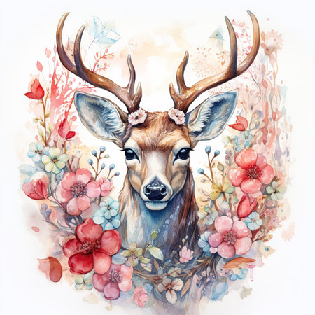 Watercolor portrait of a deer in a wreath of flowers.の素材
