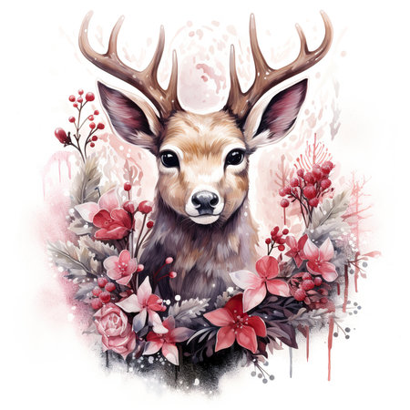 Watercolor portrait of a deer with a wreath of flowers.の素材