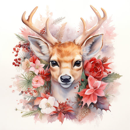 Watercolor portrait of a deer with flowers and leaves. Vector illustration.の素材