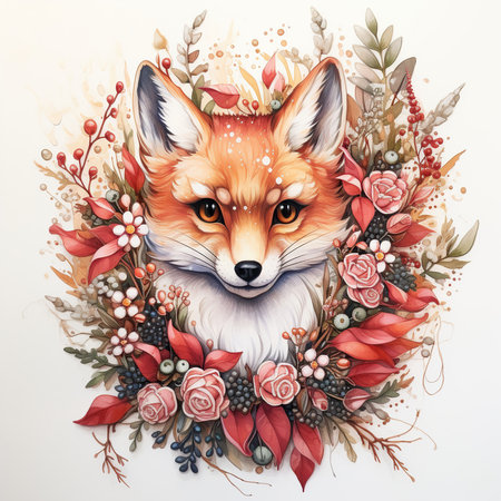 Beautiful watercolor fox portrait with floral wreath on white background.の素材