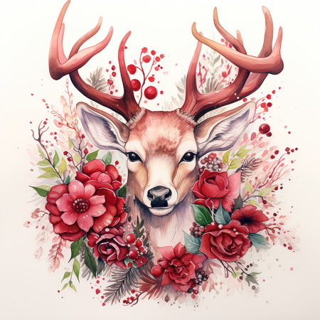 Watercolor portrait of a deer with red flowers on a white backgroundの素材