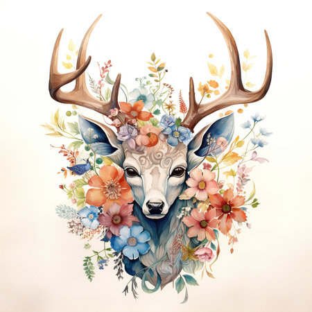 Watercolor portrait of a deer with antlers and flowers. Vector illustration.の素材
