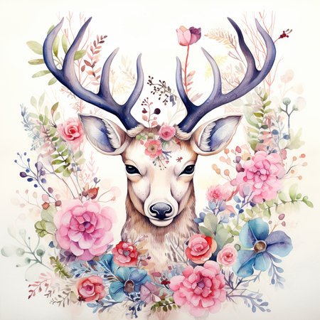 Watercolor portrait of a deer with a wreath of flowers.の素材