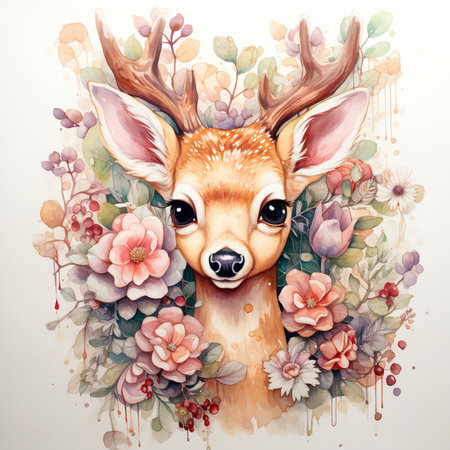 Watercolor portrait of a cute deer with flowers. Hand drawn illustrationの素材