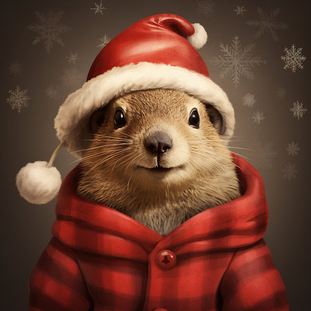 Cute little squirrel in Santa Claus hat with snowflakes on backgroundの素材