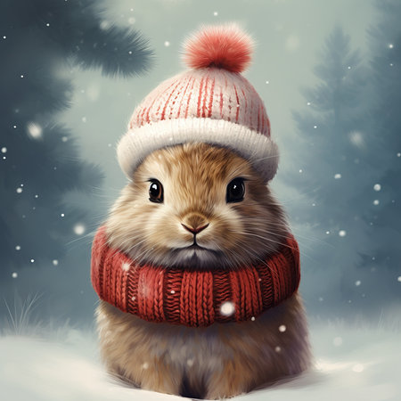 Cute bunny in a red hat and scarf on winter background.の素材
