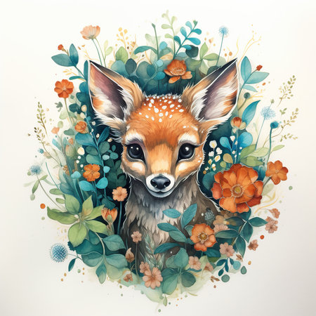 Cute little fawn with flowers and leaves. Watercolor illustration.の素材