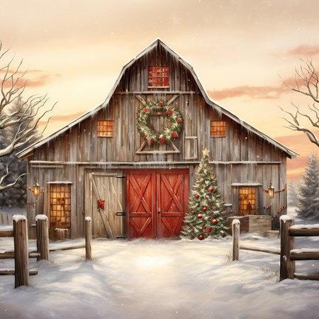 Christmas and New Year greeting card with old wooden barn decorated with christmas wreathの素材