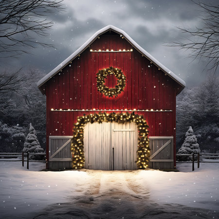 3D Illustration of a Red Barn with a Christmas Wreathの素材