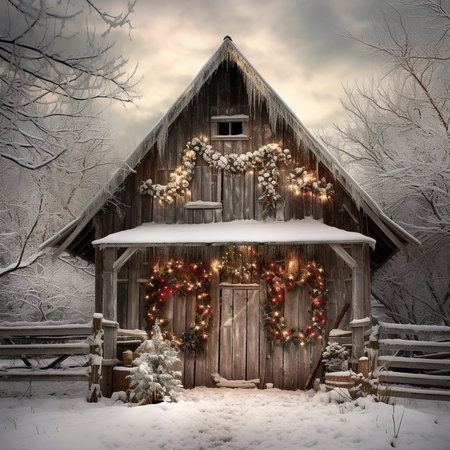 Old wooden house covered with snow with christmas lights and garlandsの素材