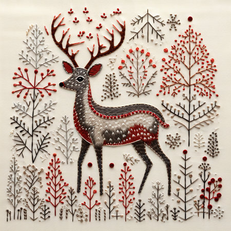 Folk art. Handmade embroidery on fabric background.の素材