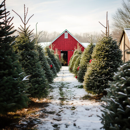 Red barn with christmas trees on the farm in winter time.の素材