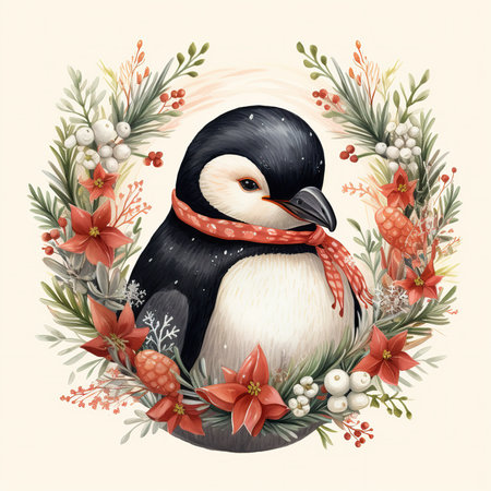 Christmas greeting card with cute penguin and floral wreath. Vector illustration.の素材