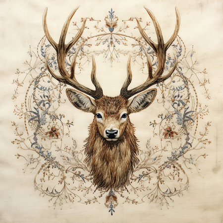 Hand drawn portrait of deer with antlers on old paper background.の素材