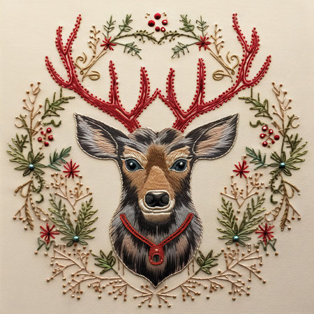 Christmas and New Year hand drawing of deer with reindeer antlersの素材