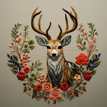 Hand drawn deer with flowers and leaves on a gray background. Watercolor illustration.の素材