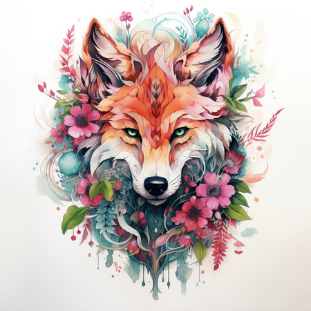 Hand drawn portrait of a fox with flowers and leaves. Vector illustration.の素材