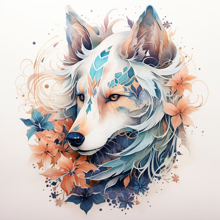 Portrait of a fox with flowers on a white background. Digital painting.の素材