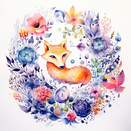 Watercolor illustration of a fox in a wreath of flowers.の素材