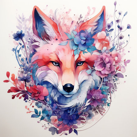 Watercolor portrait of a fox with flowers and leaves. Vector illustration.の素材