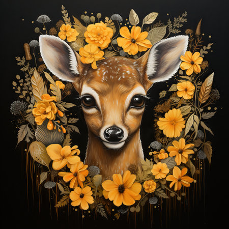 Funny deer with flowers on a black background. Digital painting.の素材