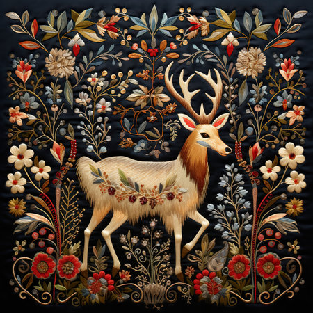 Fantasy illustration of a deer on a black background with flowers.の素材