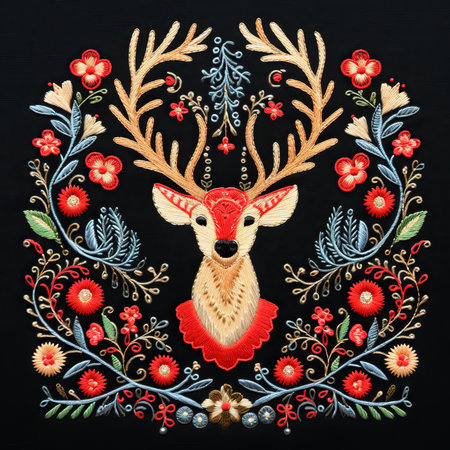 Folk art embroidery design with deer. Vector illustration.の素材