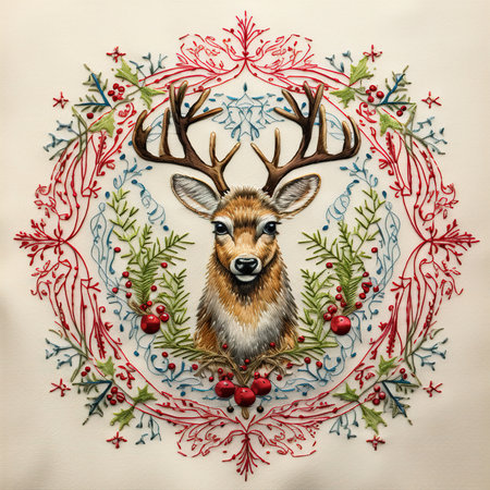 Christmas greeting card with deer and snowflakes. Hand-drawn illustration.の素材