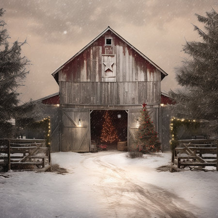 Wooden barn with christmas tree at night in winter forest.の素材