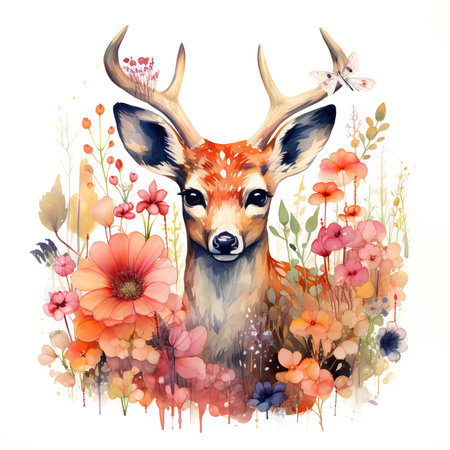 Watercolor illustration of a young deer and flowers on a white backgroundの素材