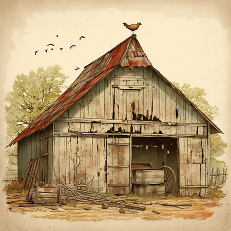 Old barn with a bird in the foreground. Vintage style, vector illustration.の素材