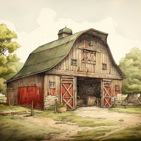 Watercolor illustration of an old barn in the countryside. Vintage style.の素材
