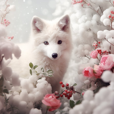 Winter portrait of cute white fox with pink flowers and snowflakesの素材