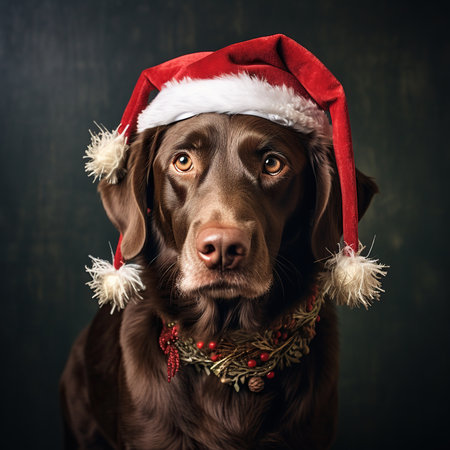 Studio portrait of a chocolate labrador retriever dog wearing a Christmas hat.の素材